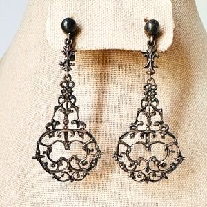 Victorian Gothic Silver and Marcasite Dangle Screw Back Earrings 19th Century